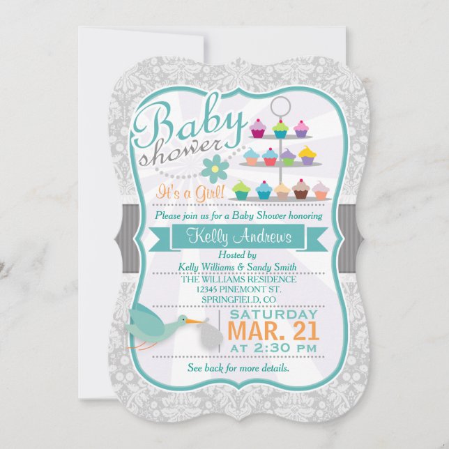Invitation Turquoise rétro; Baby shower Damas gris clair (Devant)