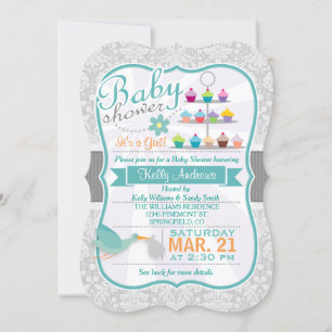 Invitation Turquoise rétro; Baby shower Damas gris clair