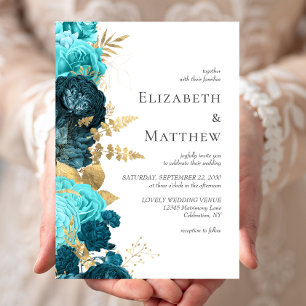 Invitation Turquoise romantique Blue Gold Floral Mariage