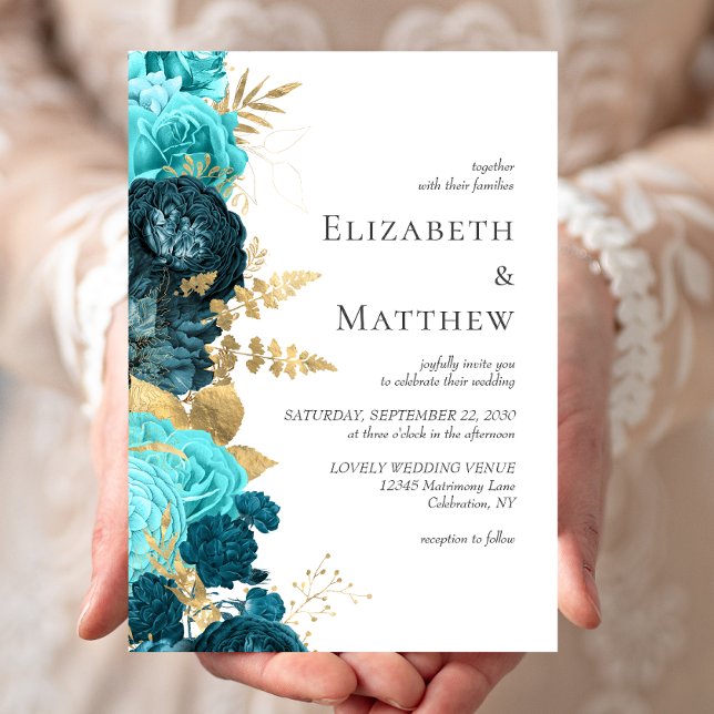 Invitation Turquoise romantique Blue Gold Floral Mariage (Créateur téléchargé)