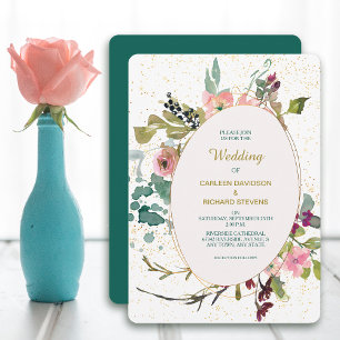 Invitation Turquoise rose et or cadre ovale Mariage