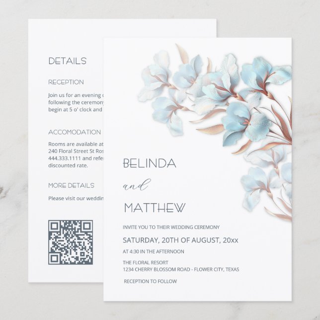Invitation Turquoise Rose Gold Fleurs Mariage Casual (Devant / Derrière)
