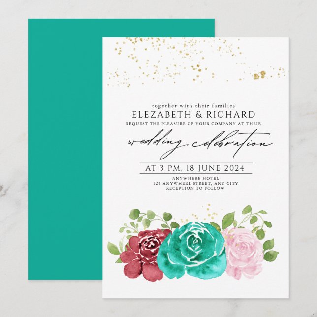 Invitation Turquoise rose rose rouge vert vert Mariage (Devant / Derrière)