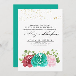 Invitation Turquoise rose rose rouge vert vert Mariage