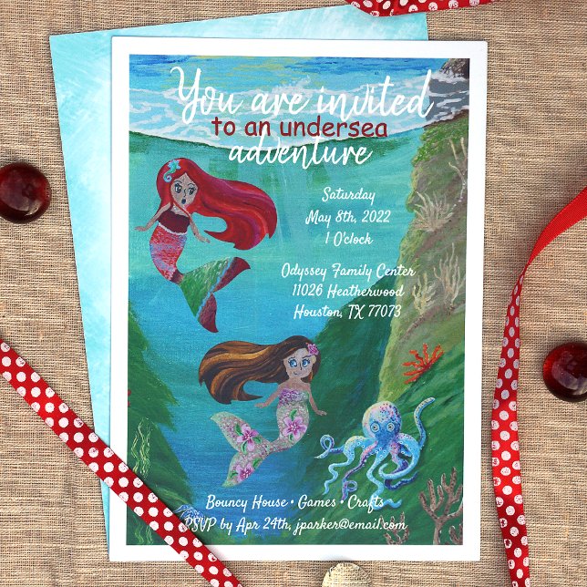 Invitation Turquoise, Rouge, Bleu Sirène Océan Anniversaire (Mermaid birthday party theme invitations, red blue aquamarine, blue octopus )