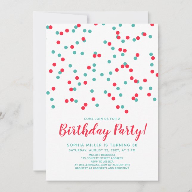 Invitation Turquoise Rouge Confetti SVG fête d'anniversaire m (Devant)