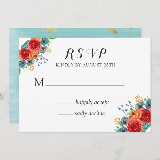 Invitation Turquoise rouge orange aquarelle Roses mariage RSV (Devant / Derrière)