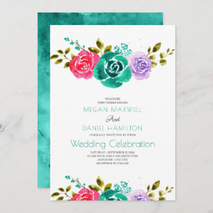 Invitation Turquoise rouge violet Rose Floral Mariage