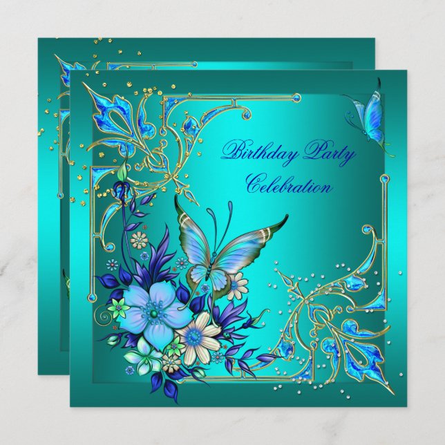 Invitation Turquoise Royal Blue Butterfly fête d'anniversaire (Devant / Derrière)