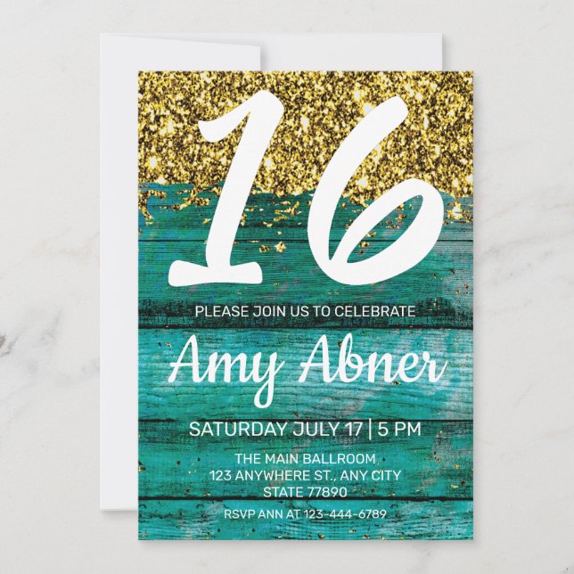 Invitation Turquoise Rustic Gold Parties scintillant 16 Anniv (Devant)