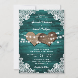 Invitation Turquoise Rustique Burlap dentelle lumière Mariage