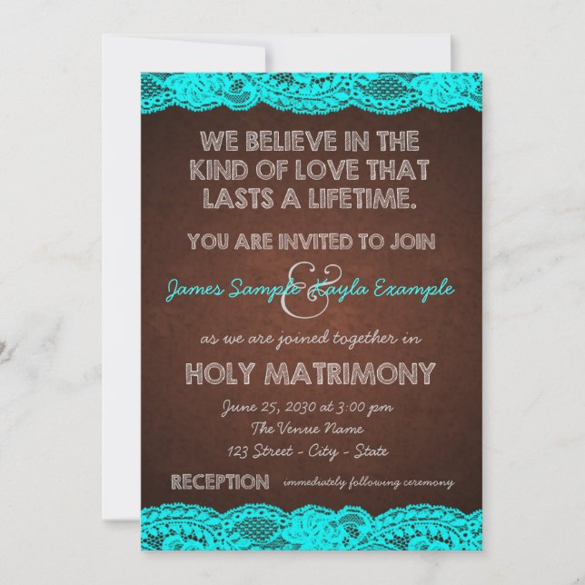 Invitation Turquoise rustique et Mariage Brown (Devant)