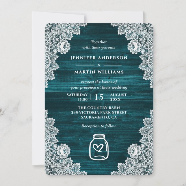 Invitation Turquoise Rustique Mason Jar Floral Mariage de den (Devant)