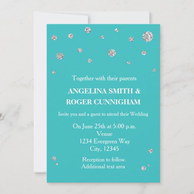 Invitation Turquoise Sarcelle Argent Pailleté Mariage Moderne (Devant)
