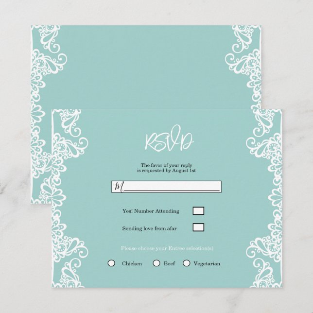 Invitation Turquoise Sarcelle Blanc Dentelle Élégant Réponse  (Devant / Derrière)