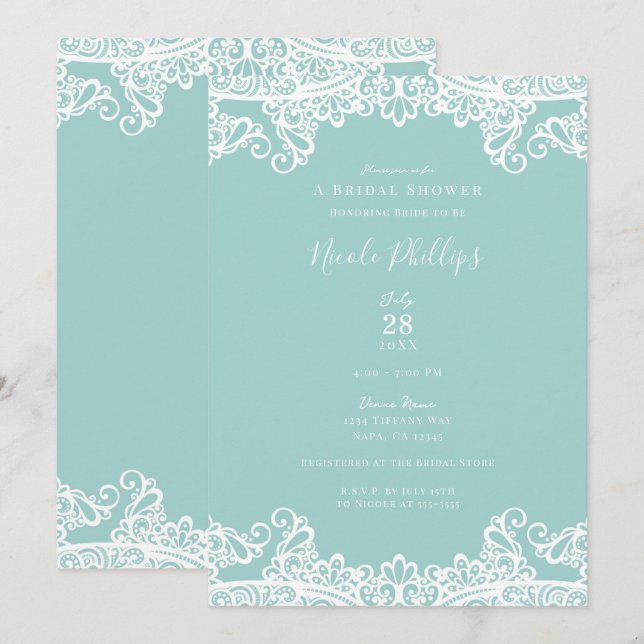 Invitation Turquoise Sarcelle Blanc Dentelle Élégant Shower d (Devant / Derrière)