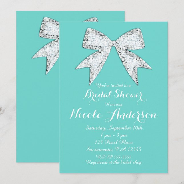 Invitation Turquoise Sarcelle Diamant Brillance Nœud Papillon (Devant / Derrière)