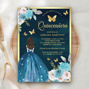 Invitation Turquoise Sarcelle Floral Papillon Or Quinceanera