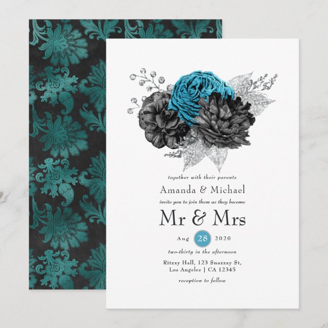 Invitation Turquoise - Sarcelle Mariage Fleur Noir et Argent (Devant / Derrière)
