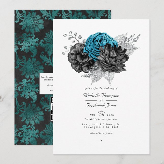Invitation Turquoise - Sarcelle Mariage Floral Noir et Argent (Devant / Derrière)