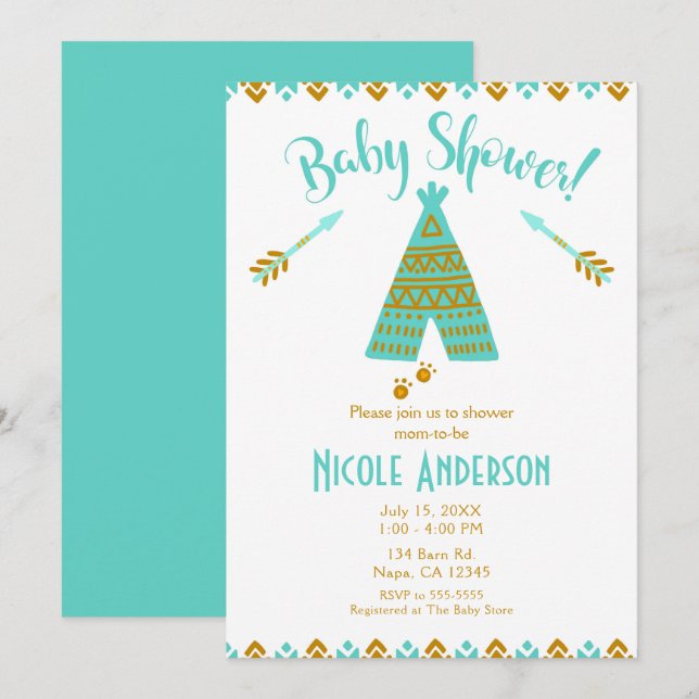 Invitation Turquoise Sarcelle & Or Tipi Baby Shower Moderne (Devant / Derrière)