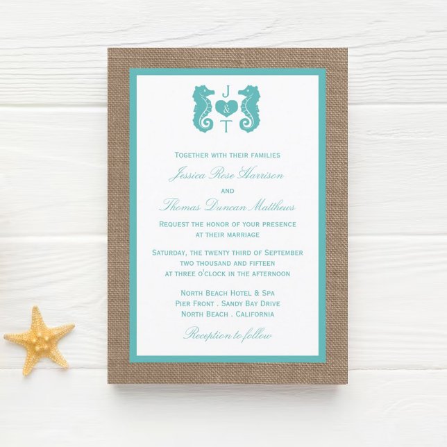 Invitation Turquoise Seahorse Burlap Beach Wedding Collection (Créateur téléchargé)