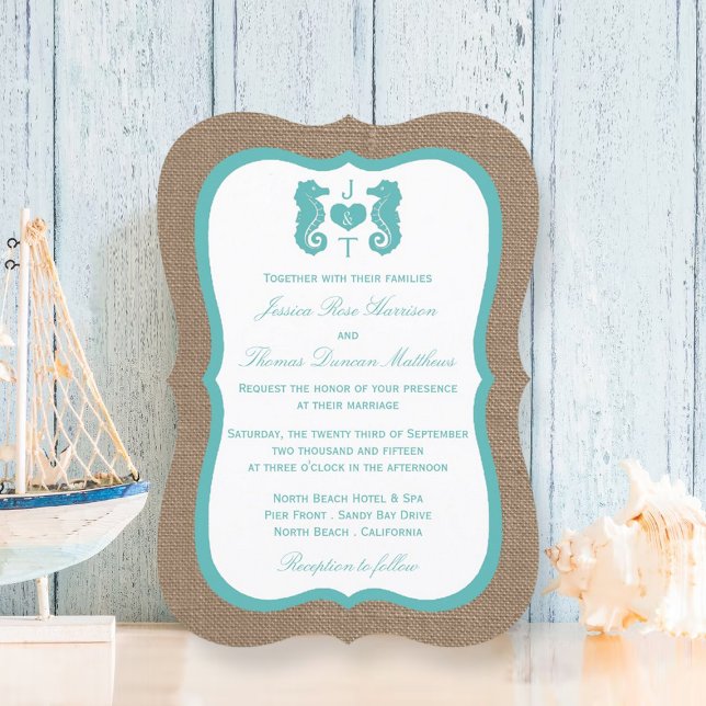 Invitation Turquoise Seahorse Burlap Beach Wedding Collection (Créateur téléchargé)