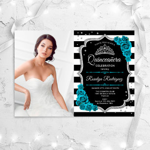 Invitation Turquoise Silver Black Quinceanera Party avec phot