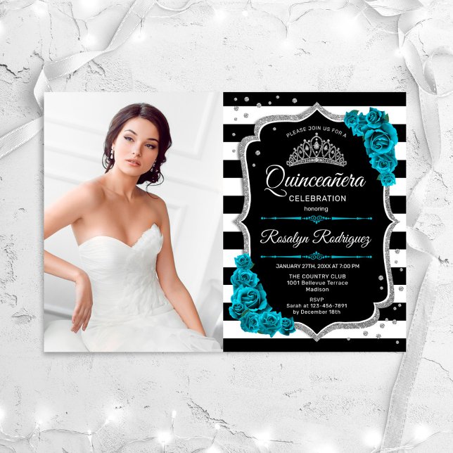Invitation Turquoise Silver Black Quinceanera Party avec phot (Créateur téléchargé)