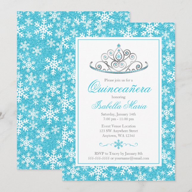 Invitation Turquoise Silver Princess Winter Wonderland Quince (Devant / Derrière)