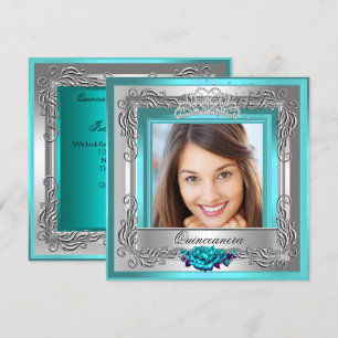 Invitation Turquoise Silver Roses Quinceanera 15ème Photo