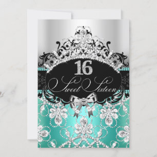 Invitation Turquoise Silver Sweet 16 Sparkle Tiara Anniversai