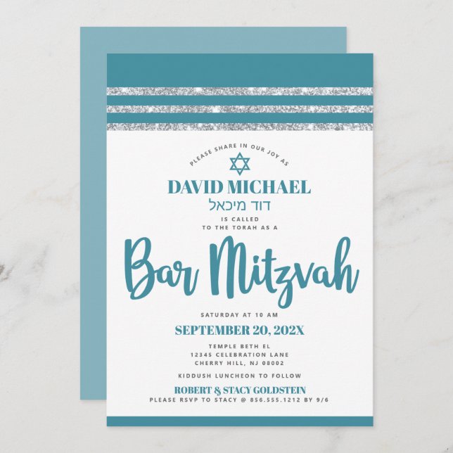 Invitation Turquoise Silver Tallit Bar Mitzvah Bold Simple Mo (Devant / Derrière)