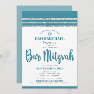 Invitation Turquoise Silver Tallit Bar Mitzvah Bold Simple Mo