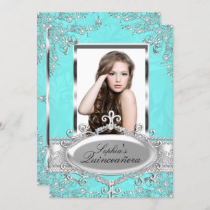 Invitation Turquoise Silver Vintage Glamor Photo Quinceanera