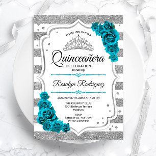Invitation Turquoise Silver White Stripes Elegant Quinceanera