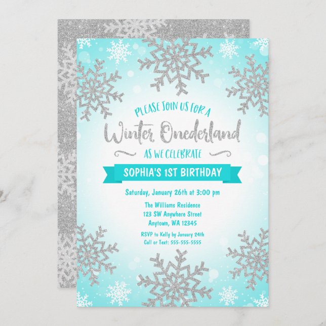 Invitation Turquoise Silver Winter ONE derland 1er anniversai (Devant / Derrière)