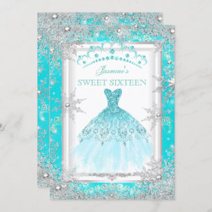 Invitation Turquoise Silver Winter Wonderland Sweet 16 Party
