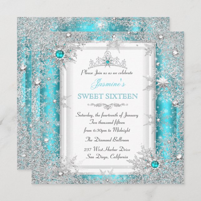 Invitation Turquoise Silver Winter Wonderland Sweet 16 Snowfl (Devant / Derrière)
