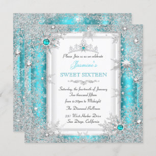 Invitation Turquoise Silver Winter Wonderland Sweet 16 Snowfl