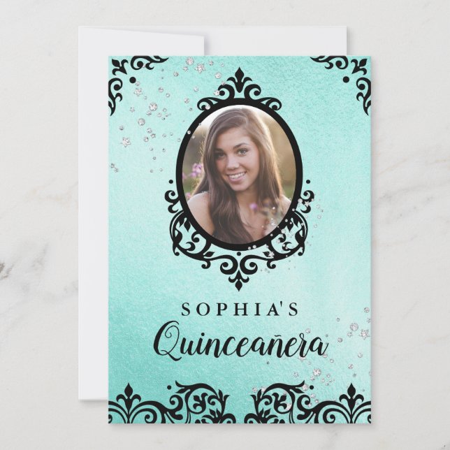 Invitation Turquoise Sparkle Damask Photo Quinceanera (Devant)