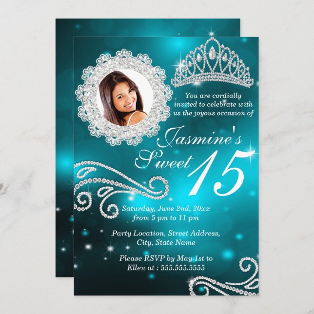 Invitation Turquoise Sparkle Diamond Tiara Photo Quinceanera (Devant / Derrière)
