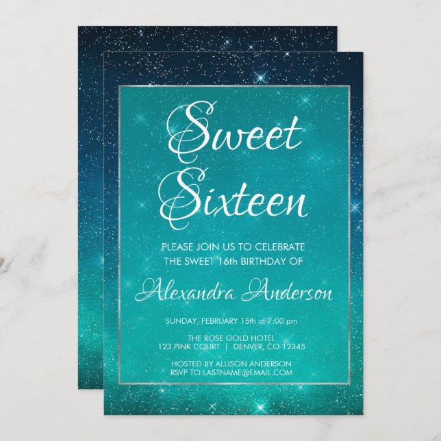 Invitation Turquoise Sparkle Sky Sweet 16 Anniversaire Invita (Devant / Derrière)