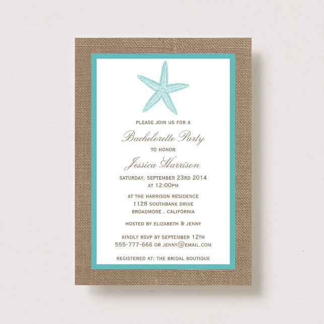 Invitation Turquoise Starfish Beach Burlap Bachelorette Party (Créateur téléchargé)
