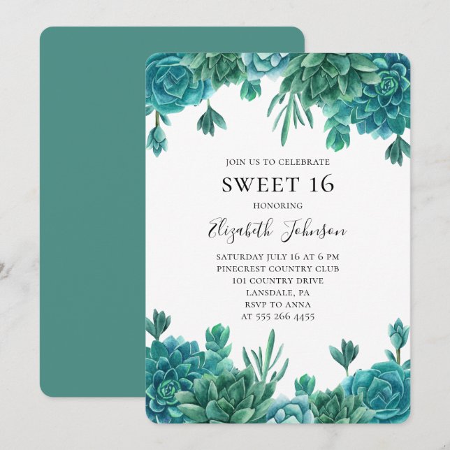 Invitation Turquoise succulent doux 16. Cactus bleu 16e anniv (Devant / Derrière)