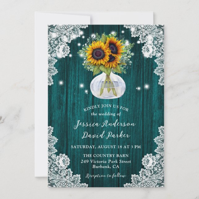 Invitation Turquoise Sunflower Mason Jar Floral dentelle Mari (Devant)