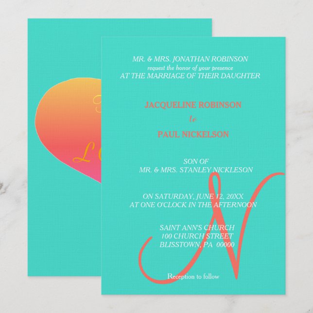 Invitation Turquoise Sunset Heart Monogramme (Devant / Derrière)