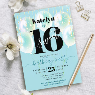 Invitation Turquoise Sweet 16 Ballons d'anniversaire Script G