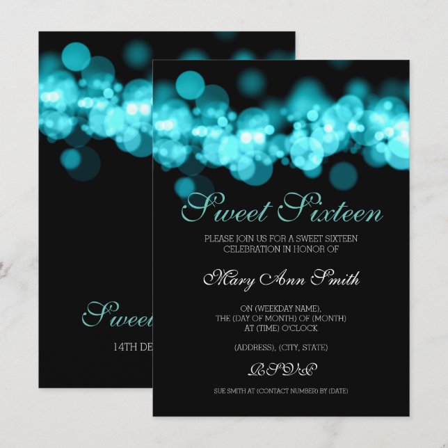 Invitation Turquoise Sweet 16 Lumières Bokeh (Devant / Derrière)