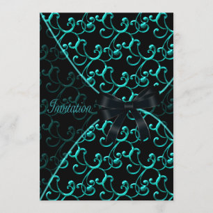 Invitation Turquoise Swirls Black Party Modèle de l'événement